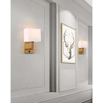 PERMO Single Wall Sconce Light Fixture Antique Finish with White Textile Shades and On/Off Switch Bu...