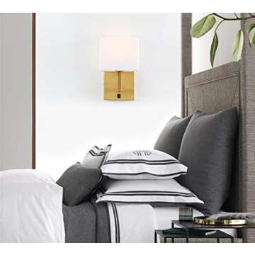 PERMO Single Wall Sconce Light Fixture Antique Finish with White Textile Shades and On/Off Switch Button Small Modern Nightstand Lamps for Bedrooms Bedside Reading