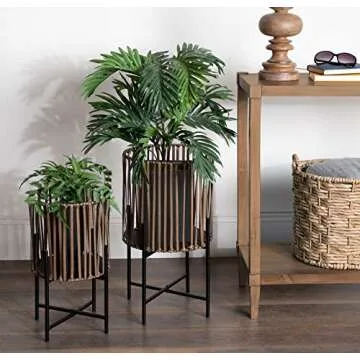 Kate and Laurel Paynter 2-Piece Floor Planter Set with PVC Wicker and Metal Stands