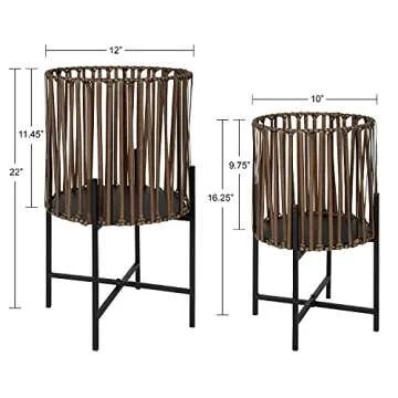Kate and Laurel Paynter 2-Piece Floor Planter Set with PVC Wicker and Metal Stands