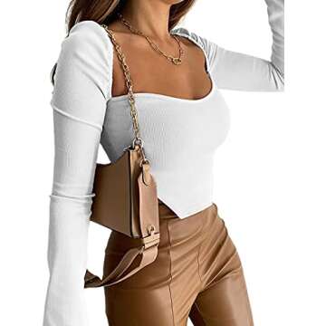 Avanova Women's Long Sleeve Ribbed Knit Crop Top Scoop Neck Asymmetrical Hem Tee Shirt White Medium