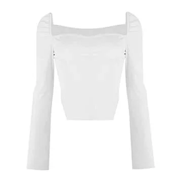 Avanova Women's Long Sleeve Ribbed Knit Crop Top Scoop Neck Asymmetrical Hem Tee Shirt White Medium