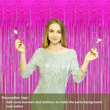 Vanujoy Hot Pink Tinsel Foil Fringe Curtains for Parties