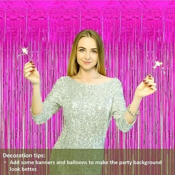 Vanujoy Hot Pink Tinsel Foil Fringe Curtains for Parties