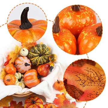 HAKACC 14 PCS Artificial Lifelike Simulation Mixed Pumpkins for Decorating, Fake Pumpkins with 30PCS Fake Maple Leaves Festival Thanksgiving Fall Harvest Home Decoration