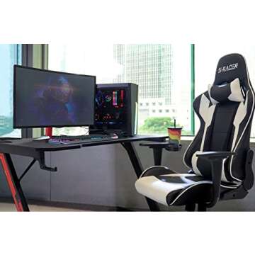 Gaming Chair Racing Computer Chair PU Leather Swivel Office Chair and 43.6 Inch Z Shaped Gaming Computer Desk Table Combo Set Gaming Home Office Furniture Sets (White)