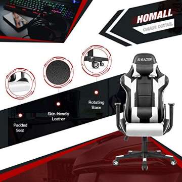 Gaming Chair Racing Computer Chair PU Leather Swivel Office Chair and 43.6 Inch Z Shaped Gaming Computer Desk Table Combo Set Gaming Home Office Furniture Sets (White)