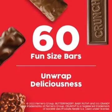 Butterfinger, CRUNCH, Baby Ruth and 100 Grand, Bulk 60 Pack, Assorted Fun Size Chocolate Candy Bars, Stocking Stuffers, 37.2 oz