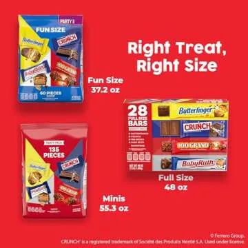 Butterfinger, CRUNCH, Baby Ruth and 100 Grand, Bulk 60 Pack, Assorted Fun Size Chocolate Candy Bars, Stocking Stuffers, 37.2 oz