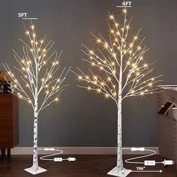 PEIDUO Set of 2 Lighted Birch Tree, Prelit White Christmas Tree, Light Up Artificial Trees with Dimm...