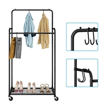 Heavy Duty Rolling Garment Rack with Hooks and Wheels