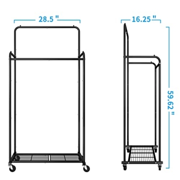 Heavy Duty Rolling Garment Rack with Hooks and Wheels