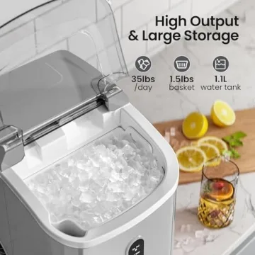 AGLUCKY Nugget Ice Maker Countertop,35lbs/24H,Portable Pebble Ice Machine with Handle,Self-Cleaning Function,Pellet Ice Maker for Home/Kitchen/Office(Grey)