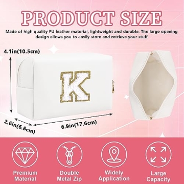 Iqimott Personalized Initial Letter Patch Makeup Bag, Preppy Portable Chenille Letter Cosmetic Bag w...