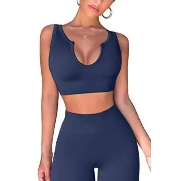 QINSEN Workout Outfits for Women 2 Piece Ribbed Seamless Crop Tank High Waist Yoga Leggings Sets Dark Blue L
