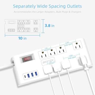 BESTEK 8 AC Outlet, 5 Feet Extension Cord Power Strip with 3 USB-A 2.4A 1USB-C 3A, MAX Output 1625W 13A, 600Joule, Ultra-Compact Wide Spaced Outlet for Large Plug