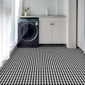 Peel and Stick Floor Tile Black and White Self-Adhesive Waterproof Vinyl Flooring for Kitchen, Bedroom, Living Room, Bathroom, 11.8 in×11.8 in, 10pcs