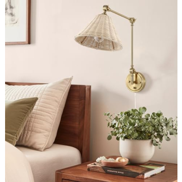 Stylish WINGBO Wall Sconce with Rattan Shade - Adjustable Lighting