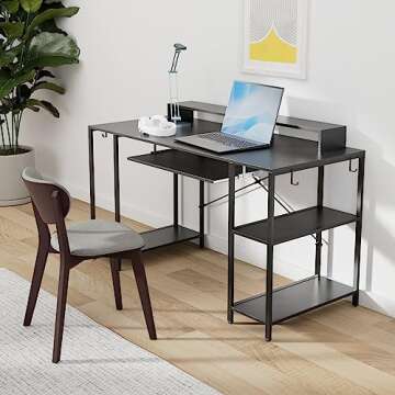 HYPIGO Workstation Desk with Keyboard Tray, 55 Inch Computer Desk with Storage Shelves Monitor Stand...