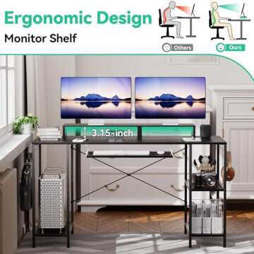 HYPIGO Workstation Desk with Keyboard Tray, 55 Inch Computer Desk with Storage Shelves Monitor Stands and 4 Iron Hooks, Industrial Desk for Home Office