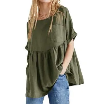 Tankaneo Womens Summer Babydoll Tops Casual Loose Fit Peplum Oversized Tunic Shirts