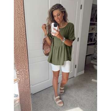 Tankaneo Womens Summer Babydoll Tops Casual Loose Fit Peplum Oversized Tunic Shirts