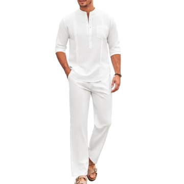 COOFANDY Men's White Linen Pants and Shirt Set - 2 Piece Casual Beach Outfit