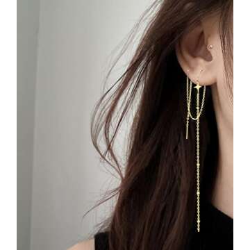 SLUYNZ 925 Sterling Silver Star Long Dangle Earrings Chain for Women Teen Girls Line Dangle Earrings Tassel Threader Chain (B-Gold Plated)