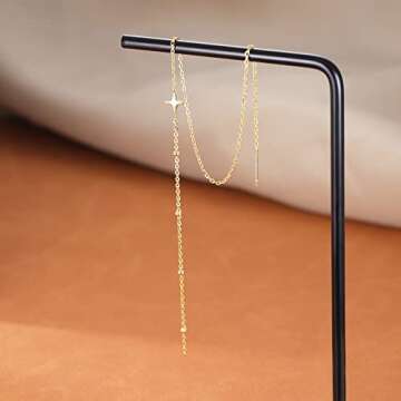 SLUYNZ 925 Sterling Silver Star Long Dangle Earrings Chain for Women Teen Girls Line Dangle Earrings Tassel Threader Chain (B-Gold Plated)