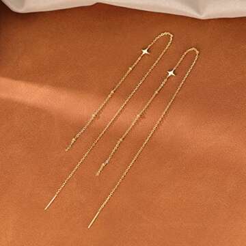 SLUYNZ 925 Sterling Silver Star Long Dangle Earrings Chain for Women Teen Girls Line Dangle Earrings Tassel Threader Chain (B-Gold Plated)