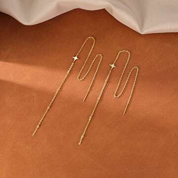 SLUYNZ 925 Sterling Silver Star Long Dangle Earrings Chain for Women Teen Girls Line Dangle Earrings Tassel Threader Chain (B-Gold Plated)