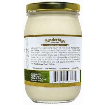 Renderings Beef Tallow, 100% Grass-Fed & Finished, Cooking, Baking and Frying, 14 oz jar
