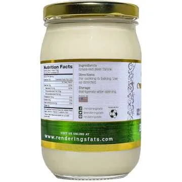 Renderings Beef Tallow, 100% Grass-Fed & Finished, Cooking, Baking and Frying, 14 oz jar