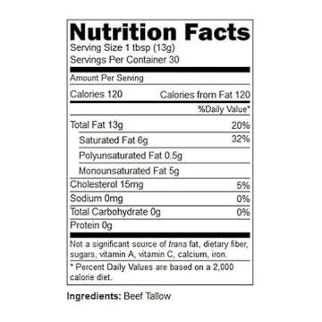 Renderings Beef Tallow, 100% Grass-Fed & Finished, Cooking, Baking and Frying, 14 oz jar