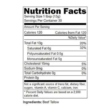 Renderings Beef Tallow, 100% Grass-Fed & Finished, Cooking, Baking and Frying, 14 oz jar