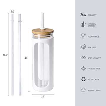 Kodrine 24 oz Glass Water Bottle with Straw and Lid, Wide Mouth Smoothie Cups,Straw Silicone Protective Sleeve BPA FREE-White+Black-2pack