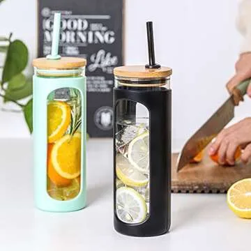 Kodrine 24 oz Glass Water Bottle with Straw and Lid, Wide Mouth Smoothie Cups,Straw Silicone Protective Sleeve BPA FREE-White+Black-2pack