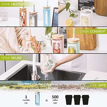 Kodrine 24 oz Glass Water Bottle with Straw and Lid, Wide Mouth Smoothie Cups,Straw Silicone Protective Sleeve BPA FREE-White+Black-2pack