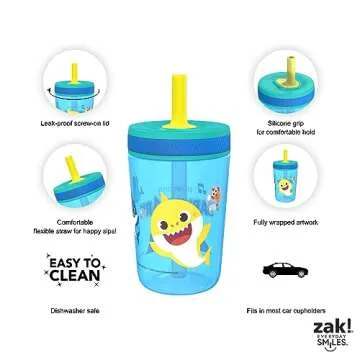 Zak Designs Baby Shark Kelso Tumbler Set, Leak-Proof Screw-On Lid with Straw, Bundle for Kids Includes Plastic and Stainless Steel Cups with Bonus Sipper (3pc Set, Non-BPA)15 fl oz.