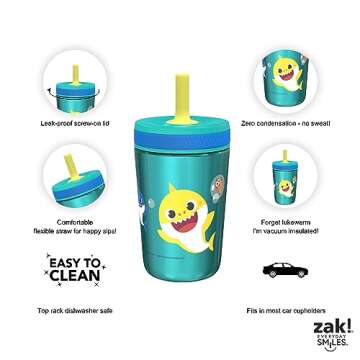 Zak Designs Baby Shark Kelso Tumbler Set, Leak-Proof Screw-On Lid with Straw, Bundle for Kids Includes Plastic and Stainless Steel Cups with Bonus Sipper (3pc Set, Non-BPA)15 fl oz.