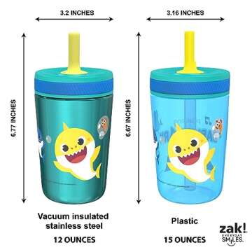 Zak Designs Baby Shark Kelso Tumbler Set, Leak-Proof Screw-On Lid with Straw, Bundle for Kids Includes Plastic and Stainless Steel Cups with Bonus Sipper (3pc Set, Non-BPA)15 fl oz.