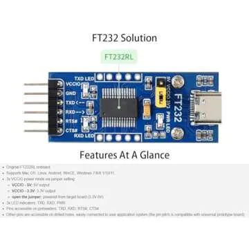 FT232 USB UART Board (Type C), USB to TTL Serial Converter Adapter Module Onboard Original FT232RL, Compatible with Mac Linux Android Wince Windows 7/8/8.1/10/11, 5V/3.3V UART (TTL)