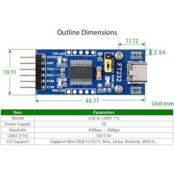 FT232 USB UART Board (Type C), USB to TTL Serial Converter Adapter Module Onboard Original FT232RL, Compatible with Mac Linux Android Wince Windows 7/8/8.1/10/11, 5V/3.3V UART (TTL)