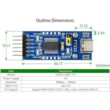 FT232 USB UART Board (Type C), USB to TTL Serial Converter Adapter Module Onboard Original FT232RL, Compatible with Mac Linux Android Wince Windows 7/8/8.1/10/11, 5V/3.3V UART (TTL)