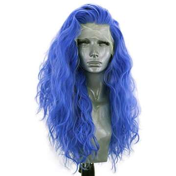 RONGDUOYI Loose Wave Blue Lace Front Wigs for Women Girls Free Part Pre Plucked Natural Hairline Synthetic Wig Royal Blue Body Wave Cosplay Wigs 24 Inches,150% Density