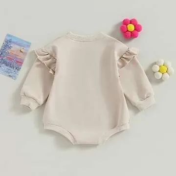 MERSARIPHY Baby Girl Boy Sweatshirt Romper Toddler Newborn Long Sleeve Bubble Oversized Bodysuit Onesie Neutral Fall Clothes (Beige Ruffle, 6-12 Months)