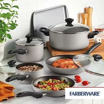Farberware Dishwasher Safe Nonstick Cookware Pots and Pans Set, 15 Piece, Champagne