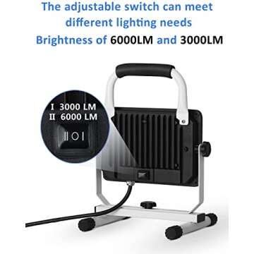 UFOND 6000 Lumen LED Work Light with Stand,60W Waterproof Flood Light, Brightness Switch Adjustable,...