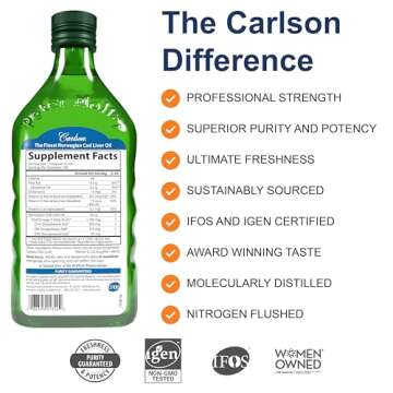 Carlson - Cod Liver Oil, 1100 mg Omega-3s, Wild-Caught Norwegian Arctic Cod-Liver Oil, Sustainably Sourced Nordic Fish Oil Liquid, Unflavored, 500 ml (16.9 Fl Oz)