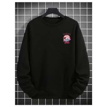 GORGLITTER Men's Letter Crane Graphic Crewneck Pullover Top Long Sleeve Drop Shoulder Sweatshirt Black Medium